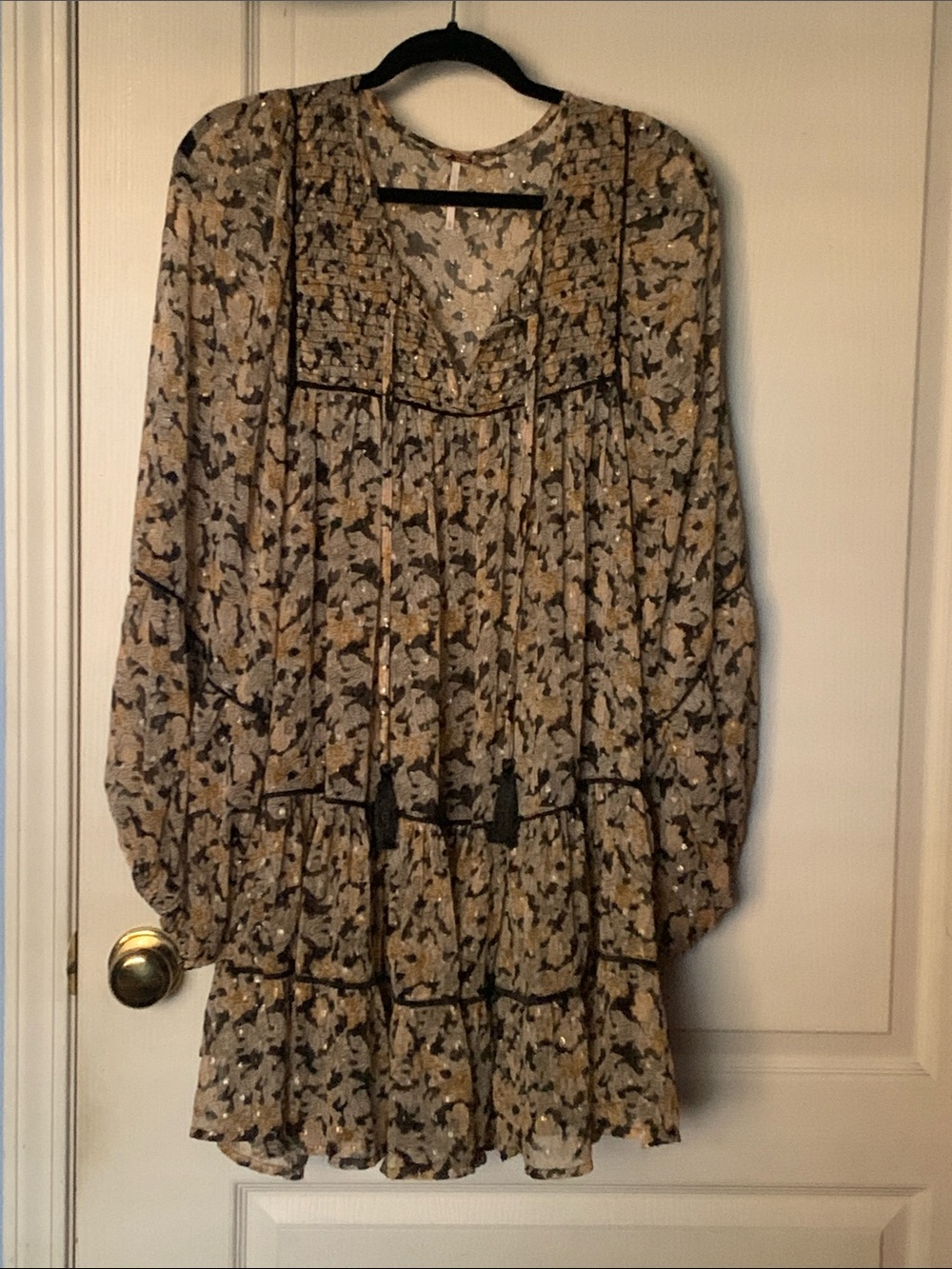 Free People Beige Floral Long-Sleeve Tiered Mini Dress